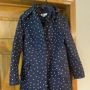 Boden, navy blue with white polka dots, size 4 regular.